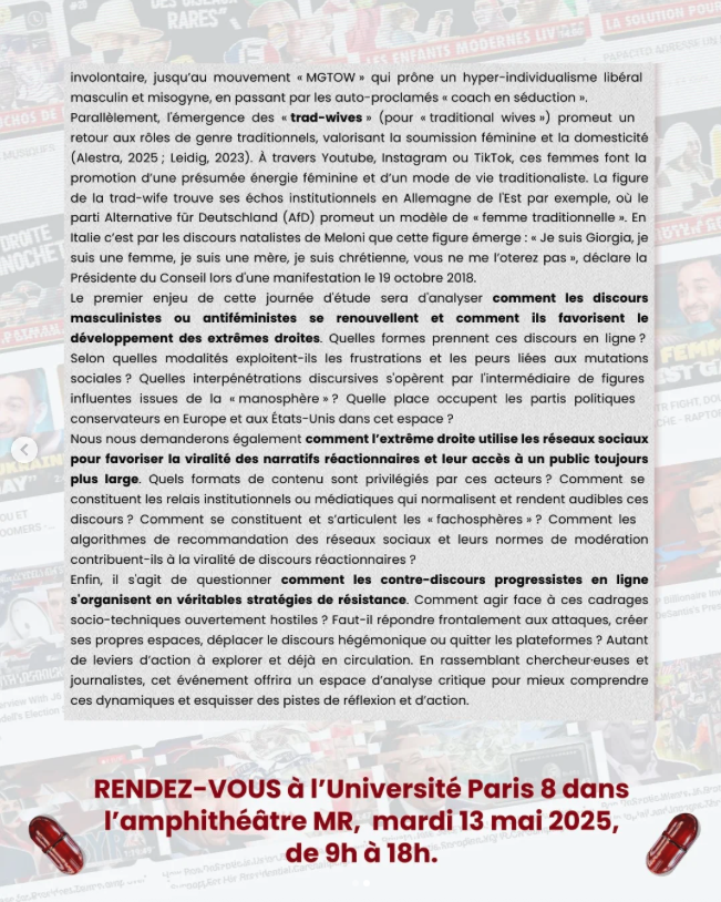 Tristan Boursier (@drusdans) on Twitter photo 🎙️ Le 13 mai, je participe à la journée d’étude “Spit out the pill” à l’<a href="/UnivParis8/">Université Paris 8</a> aux côté de <a href="/GaelStephan1/">Gaël Stephan</a> <a href="/JeromePacouret/">Jérôme Pacouret</a> entre autres▶️ #masculinisme, #antiféminisme, #extrêmedroite, violences en ligne. instagram.com/spitoutthepill/ 🎙️ Le 13 mai, je participe à la journée d’étude “Spit out the pill” à l’<a href="/UnivParis8/">Université Paris 8</a> aux côté de <a href="/GaelStephan1/">Gaël Stephan</a> <a href="/JeromePacouret/">Jérôme Pacouret</a> entre autres▶️ #masculinisme, #antiféminisme, #extrêmedroite, violences en ligne. instagram.com/spitoutthepill/