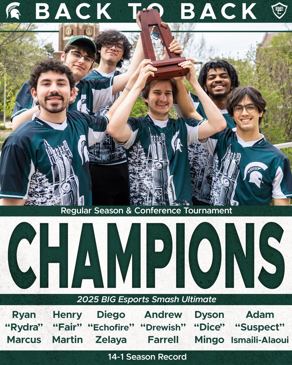 🏆 BIG CHAMPIONS 🏆

Michigan State Smash win back to back BIG Esports Conference Championships! 

The Spartans are the first team in BIG esports history history to defend the throne!