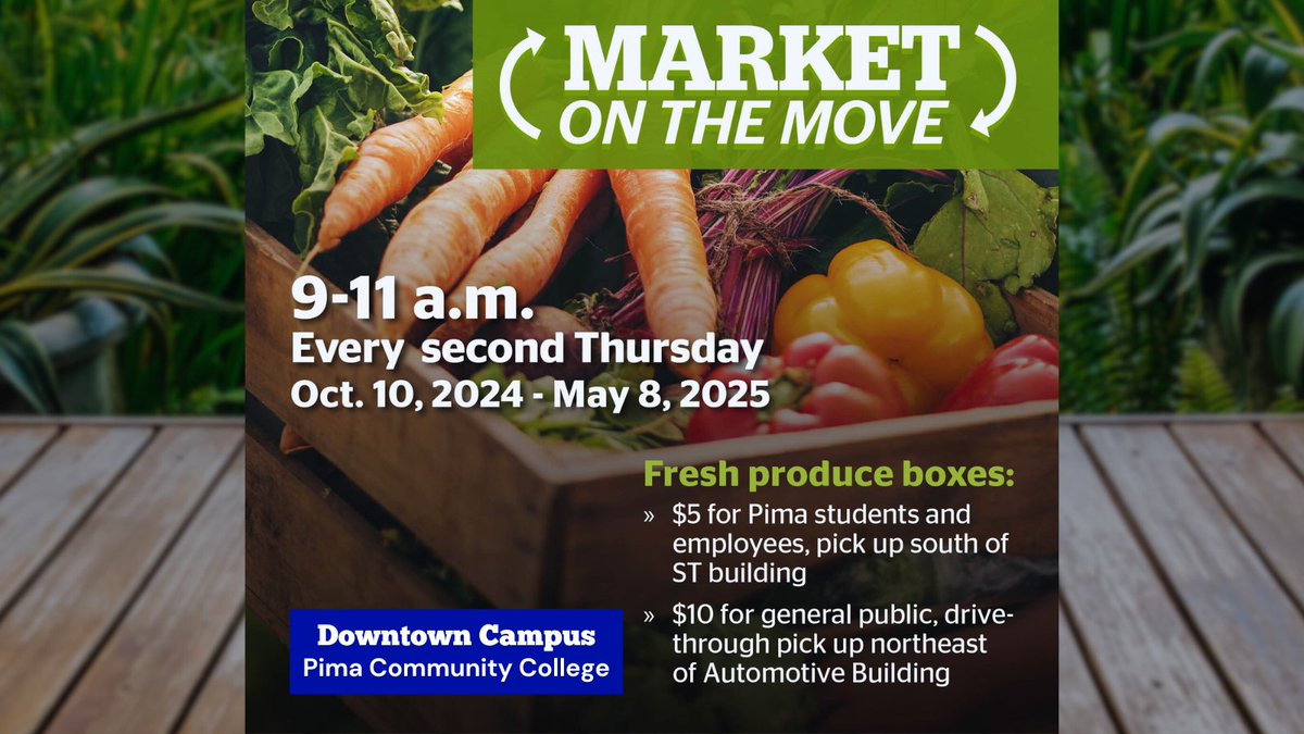 Pima Community College (@pimatweets) on Twitter photo The #PimaCommunityCollege and Market on the Move fresh produce distribution is 9-11 a.m. May 8 at Pima Downtown. Last distribution of the season!
<a href="/KOLDNews/">KOLDNews</a> @KGUN9 <a href="/KVOA/">KVOA News 4 Tucson</a> <a href="/TucsonSentinel/">Tucson Sentinel</a> <a href="/TucsonStar/">Arizona Daily Star</a> <a href="/TheAZB/">Arizona Bilingual Newspaper</a> <a href="/UnivisionAZ/">Univision Arizona</a> <a href="/TelemundoAZ/">Telemundo Arizona</a> @KXCIOfficial <a href="/ConectaArizona/">Conecta Arizona</a> <a href="/AZLuminaria/">AZLuminaria</a> The #PimaCommunityCollege and Market on the Move fresh produce distribution is 9-11 a.m. May 8 at Pima Downtown. Last distribution of the season!
<a href="/KOLDNews/">KOLDNews</a> @KGUN9 <a href="/KVOA/">KVOA News 4 Tucson</a> <a href="/TucsonSentinel/">Tucson Sentinel</a> <a href="/TucsonStar/">Arizona Daily Star</a> <a href="/TheAZB/">Arizona Bilingual Newspaper</a> <a href="/UnivisionAZ/">Univision Arizona</a> <a href="/TelemundoAZ/">Telemundo Arizona</a> @KXCIOfficial <a href="/ConectaArizona/">Conecta Arizona</a> <a href="/AZLuminaria/">AZLuminaria</a>