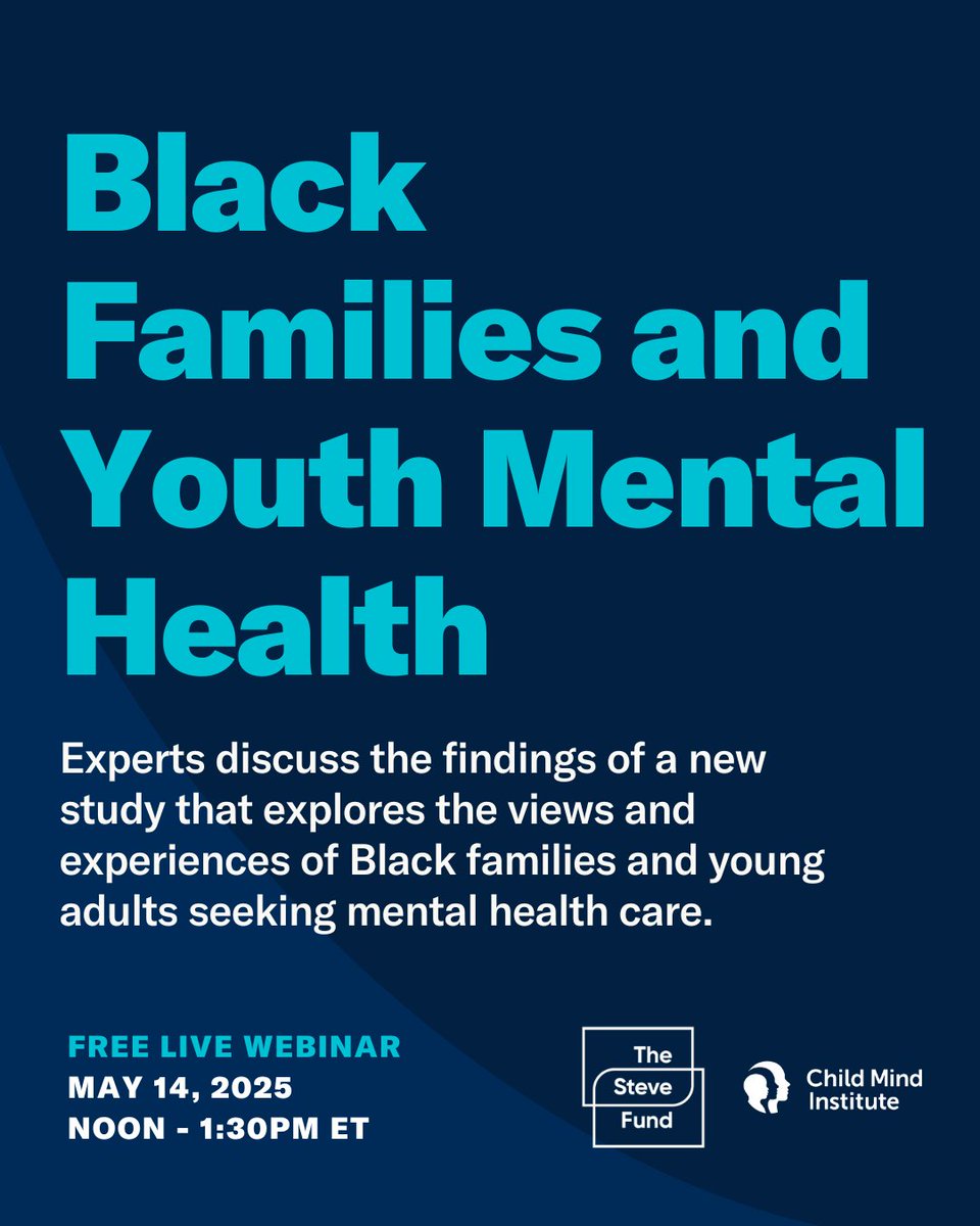 The Child Mind Institute and The Steve Fund just released new findings on mental health support for Black families — revealing a shift in attitudes, ongoing stigma, and major gaps in care.

Join us on Wednesday, May 14, from 12–1:30pm ET for a virtual panel discussing the study