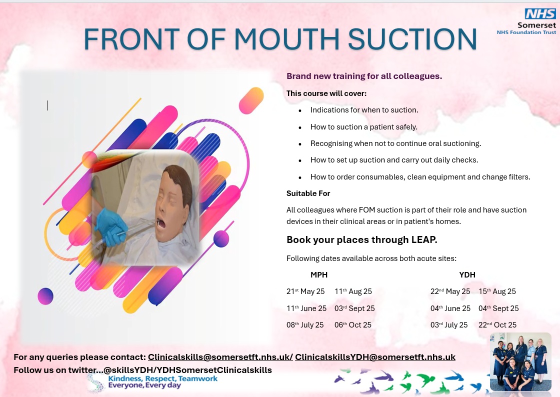YDH Somersetft Clinical skills (@skillsydh) on Twitter photo Launching another new training - 'Front of mouth suction'.
Please book your places through LEAP.
<a href="/SomersetFT/">Somerset NHS Foundation Trust</a> <a href="/KatyHow97717841/">Katy Howe</a> <a href="/Liz_Berry_1/">Liz Berry</a> <a href="/Geesca52/">Geraldine Escabarte</a> <a href="/Alison1906Brown/">alison brown</a> <a href="/HepsymolJ/">clinical skills MEDICAL SERVICE YDH</a> <a href="/BakerKatyhaynes/">Katy</a> <a href="/Bella403302081/">Bella Kitchen</a> Launching another new training - 'Front of mouth suction'.
Please book your places through LEAP.
<a href="/SomersetFT/">Somerset NHS Foundation Trust</a> <a href="/KatyHow97717841/">Katy Howe</a> <a href="/Liz_Berry_1/">Liz Berry</a> <a href="/Geesca52/">Geraldine Escabarte</a> <a href="/Alison1906Brown/">alison brown</a> <a href="/HepsymolJ/">clinical skills MEDICAL SERVICE YDH</a> <a href="/BakerKatyhaynes/">Katy</a> <a href="/Bella403302081/">Bella Kitchen</a>