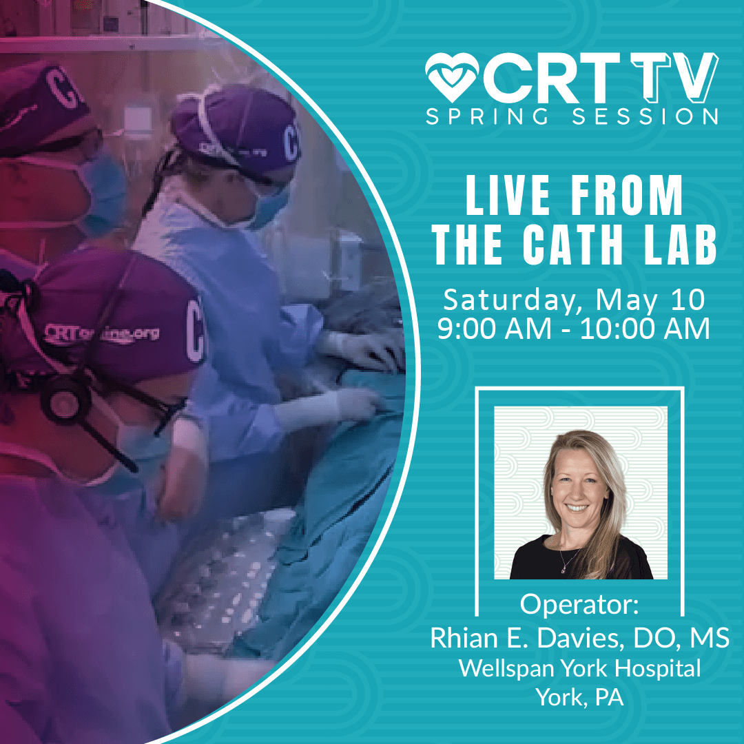 Rhian E. Davies, DO, MS 🩺, will lead the case live from the #CathLab featured during week 3 of #CRTTV 🌼 Spring Session 🌼! Join us and Dr. Davies this Saturday, May 10, from 9:00am - 10:00am.

#CRTonline #womenincardiology #cardiology #interventionalcardiology #medicine