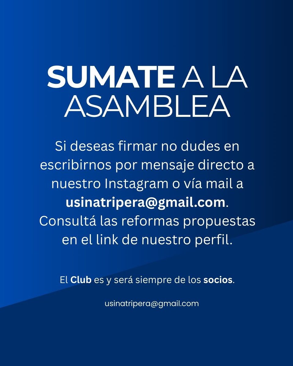 Usinatripera (@usinatripera) on Twitter photo Nuestro Club nos necesita 💙🤍
Sumate al pedido de Asamblea con tu firma!
Un Gimnasia grande lo hacemos entre todos.
Para más información no dudes en escribirnos por mensaje directo en Instagram o a nuestra casilla de
mail: usinatripera@gmail.com
¡VAMOS LOBO! #gelp Nuestro Club nos necesita 💙🤍
Sumate al pedido de Asamblea con tu firma!
Un Gimnasia grande lo hacemos entre todos.
Para más información no dudes en escribirnos por mensaje directo en Instagram o a nuestra casilla de
mail: usinatripera@gmail.com
¡VAMOS LOBO! #gelp