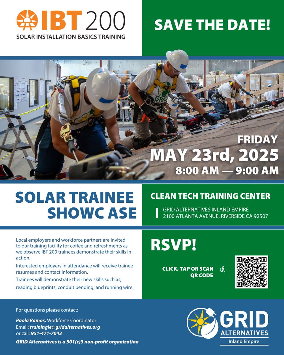 Employers– Join us for coffee and donuts as IBT 200 graduates install 10 panels on a mock roof and demonstrate their conduit bending skills!👷🏾‍♀️

Interested employers will receive trainee resumes and contact information. RSVP in our bio ☕️🍩