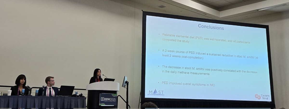 Ali Rezaie MD MSc (@alirezaiemd) on Twitter photo Dr. Germano from <a href="/MASTprogram/">MAST Research Program</a> presents data showing that a palatable elemental diet reduces fecal archaeal load, with a direct correlation to daily breath methane levels in IMO. Therapeutic diet meets diagnostics. #DDW2025 #Microbiome Dr. Germano from <a href="/MASTprogram/">MAST Research Program</a> presents data showing that a palatable elemental diet reduces fecal archaeal load, with a direct correlation to daily breath methane levels in IMO. Therapeutic diet meets diagnostics. #DDW2025 #Microbiome
