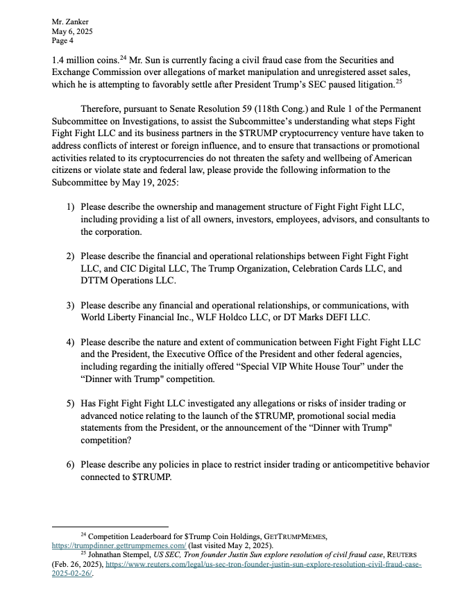NEW: Senate Permanent Subcommittee on Investigations opened an inquiry into the Trump meme coin, World Liberty Financial Inc., &amp; other associated businesses following reporting alleging Trump-connected cryptocurrency firms may be enabling corruption. Links to letters below (1/2)