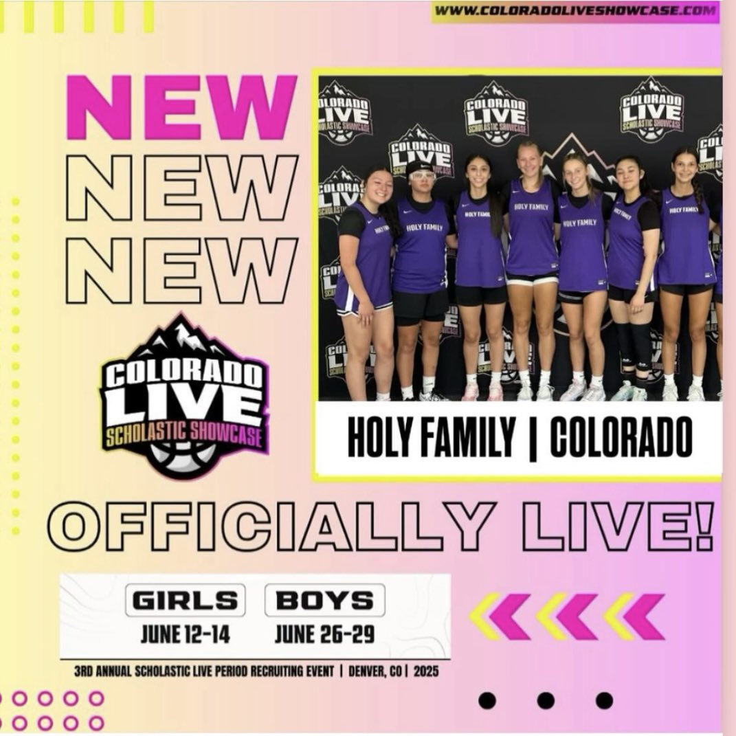 COLORADO LIVE Scholastic Showcase (@coloradolive_ss) on Twitter photo 🚨OFFICIALLY LIVE‼️🏀🏔️
Welcome back to Colorado Live!!!
<a href="/HolyFamily_GBB/">Holy Family Girls Basketball</a> | Holy Family HS GBB 🏀🔥🔥
Glad to have you on Rocky Mountains Big Stage!
📍 Denver, CO
📆 June 12-14th
⏳ Girls Registration ends May 23rd
💻 ColoradoLiveShowcase.com ⬅️✅
Don’t miss it‼️ Register Now 🚨OFFICIALLY LIVE‼️🏀🏔️
Welcome back to Colorado Live!!!
<a href="/HolyFamily_GBB/">Holy Family Girls Basketball</a> | Holy Family HS GBB 🏀🔥🔥
Glad to have you on Rocky Mountains Big Stage!
📍 Denver, CO
📆 June 12-14th
⏳ Girls Registration ends May 23rd
💻 ColoradoLiveShowcase.com ⬅️✅
Don’t miss it‼️ Register Now