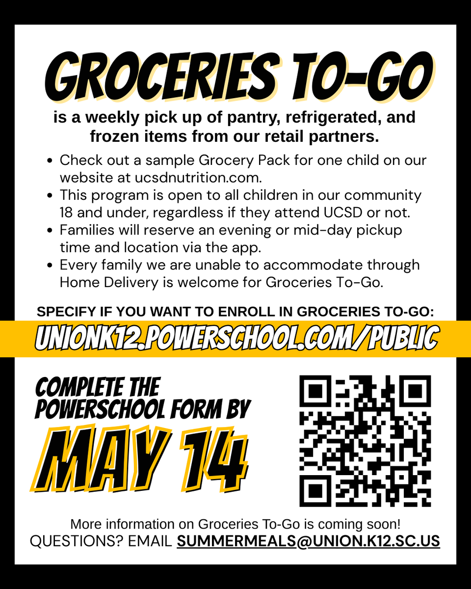 📢 Important Update: Home Delivery enrollment is now CLOSED. All new enrollments are now for Groceries To Go. 🛒

Stay tuned—more information coming soon! Reach out to summermeal@union.k12.sc.us for any questions!

<a href="/ucsdsc/">UCSDSC</a> #DoingGreatThingsUCSD #UnionSC #UnionSouthCarolina #Union