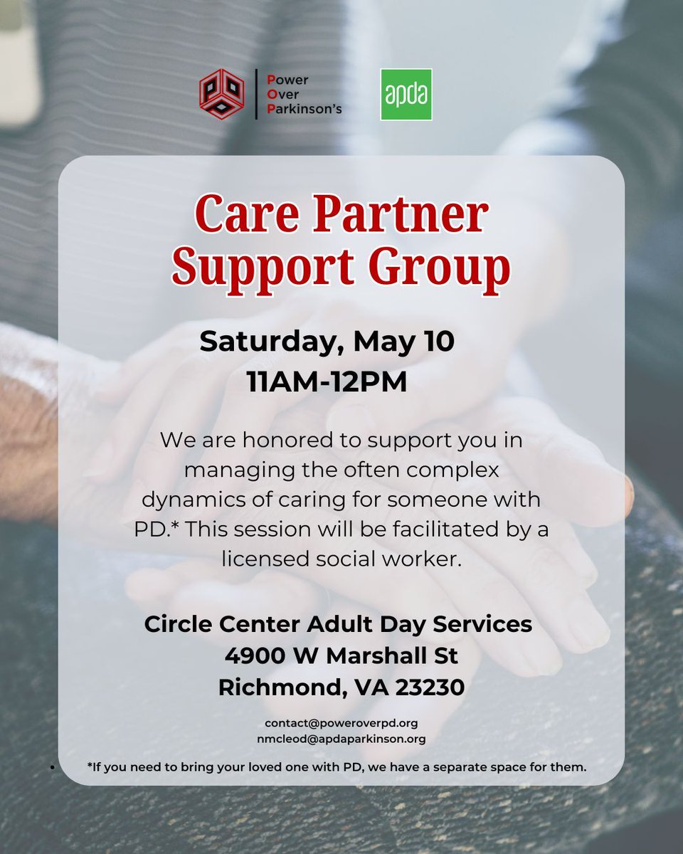 Join us for our care partner support group in partnership with the APDA Virginia chapter! Taking care of yourself is imperative to being a good care partner to a loved one with Parkinson's Disease.