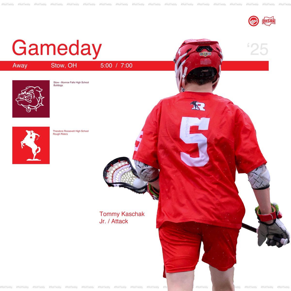 RoughRidersKENT's tweet photo. It’s Gameday for Rider Lacrosse! 🥍 The boys hit the road for a big Suburban League battle against the Stow-Munroe Falls Bulldogs tonight!

JV at 5:00 | Varsity at 7:00
Let’s go, Riders! Finish strong! ❤️🖤
#KentRiderPride #RiderLacrosse #RollTeddy https://t.co/8Qhc6omho9