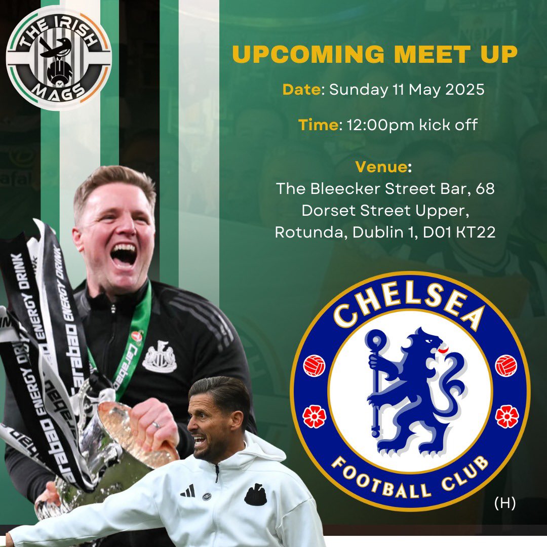 All eyes on Sunday 👀⚫️⚪️⭐️

Big game against Chelsea ⚽️ Join us in this Sunday, 11th of May 2025 from 11:30am for our home fixture vs Chelsea ⚫️⚪️🇮🇪 This meet up will take place in the Bleecker Street Bar, Dublin ☘️🍻

Looking forward to seeing all that can make it for this huge