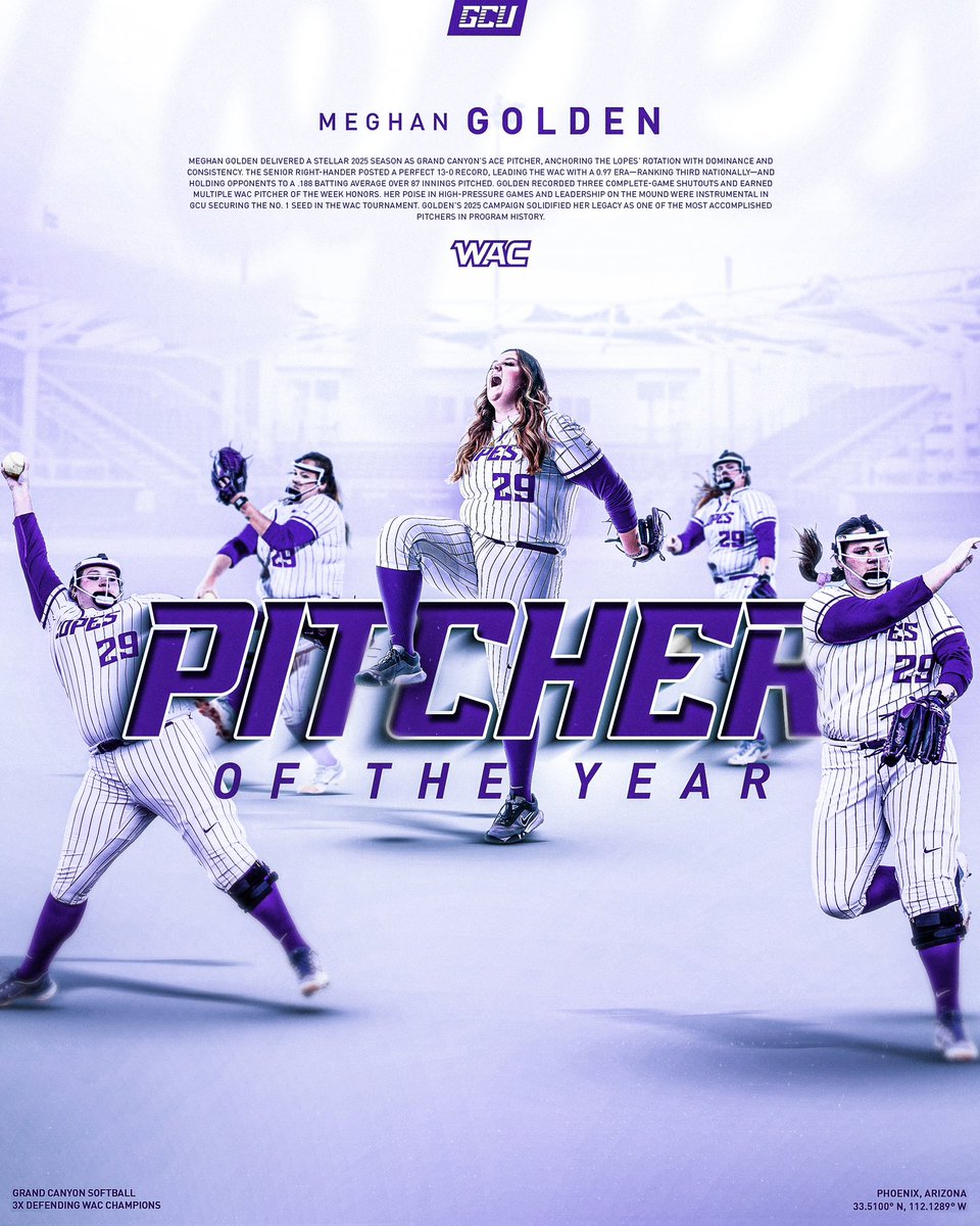 GCU_Softball's tweet photo. 𝙇𝙤𝙥𝙚𝙨 𝙎𝙩𝙧𝙞𝙠𝙚 𝙂𝙤𝙡𝙙𝙚𝙣🥇

Senior right-hander Meghan Golden gets the nod for 2025 WAC Pitcher of the Year! #LopesUp https://t.co/LoLPrWLVCt