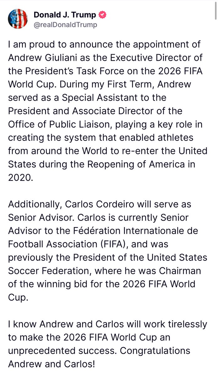 Thank you President Trump, I am honored to serve as the Executive Director for the White House Task Force on the 2026 FIFA World Cup. Led by President Trump in his first term, America secured the bid to host the 2026 World Cup and it will be an incredible opportunity to unite the