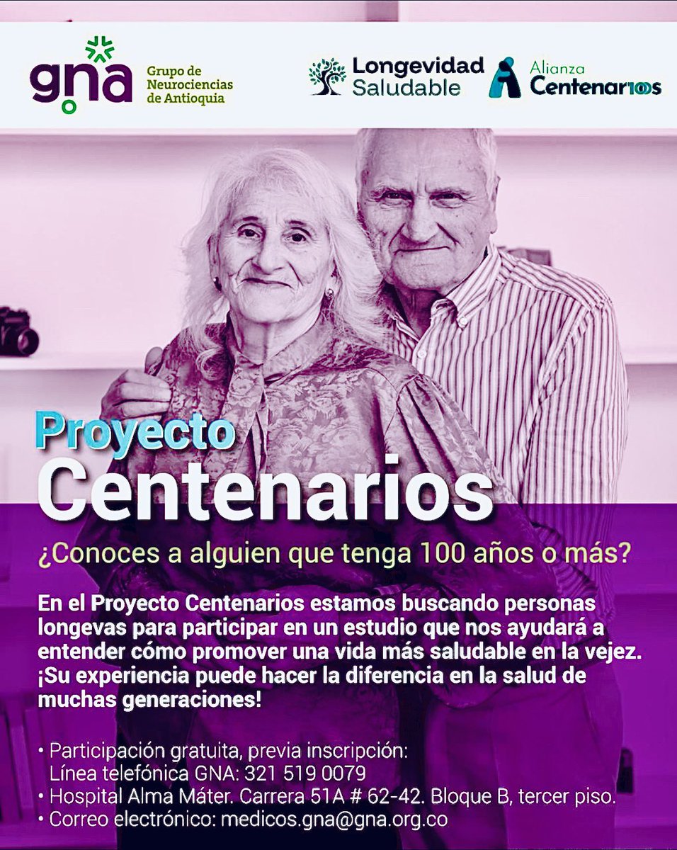 Robinson Cuadros (@cuadrosrobinson) on Twitter photo 💯*Proyecto Centenarios* coolcen.org iniciará en Medellín, en el Grupo de Neurociencias de Antioquia: *+57 3215190079*. Si conoces a alguien mayor de 100 años que quisiera recibir una atención completa y gratuita, en el marco del proyecto, contáctanos! <a href="/Medicina_UdeA/">Facultad de Medicina | Universidad de Antioquia</a> 💯*Proyecto Centenarios* coolcen.org iniciará en Medellín, en el Grupo de Neurociencias de Antioquia: *+57 3215190079*. Si conoces a alguien mayor de 100 años que quisiera recibir una atención completa y gratuita, en el marco del proyecto, contáctanos! <a href="/Medicina_UdeA/">Facultad de Medicina | Universidad de Antioquia</a>