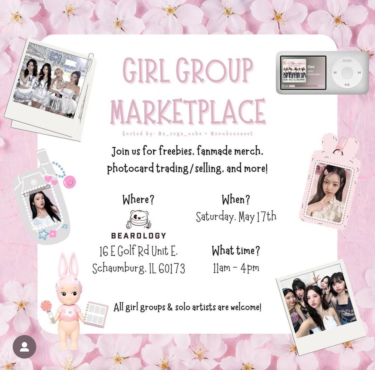 Join us for our first girl group marketplace in Schaumburg! Stop by for freebies, fanmade merch, photocard trading/ selling, and more! All girl groups and solo artists are welcome! Must purchase café item to receive freebies. Additional café tables will be available on a fcfs