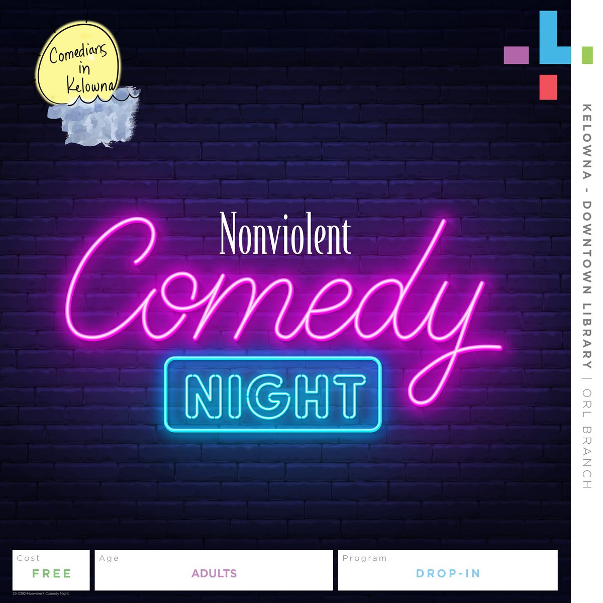 Announcing: Nonviolent Comedy Night at the Downtown library!

Join us May 27th at 6pm for a community comedy night of standup performances in a friendly and inclusive atmosphere!

See our calendar for more details, including how to sign up to perform: orl.libcal.com/event/3881555