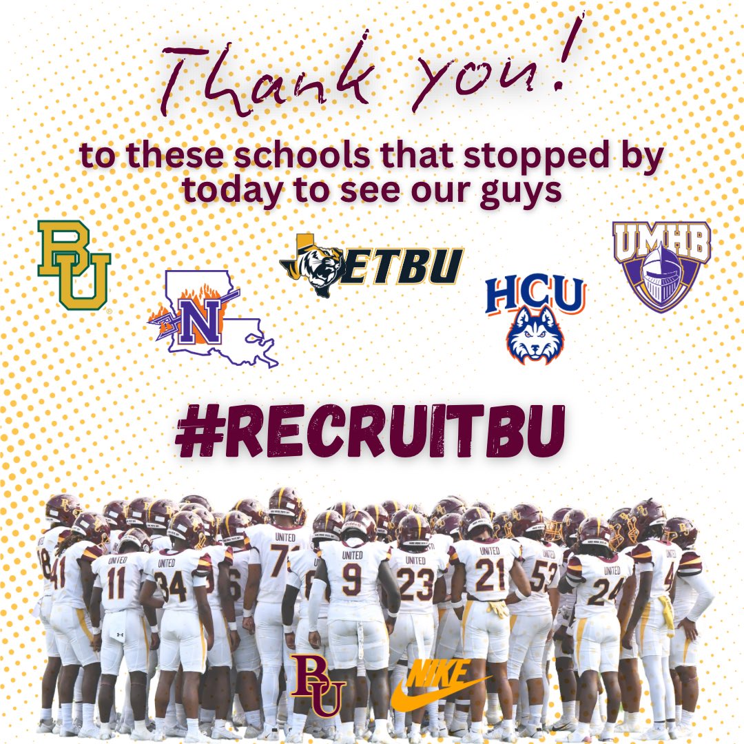 United Timberwolves 🏈 (@bmtunitedftbl) on Twitter photo Thank you <a href="/BUFootball/">Baylor Football</a>, <a href="/NSUDemonsFB/">NSU Football</a>, <a href="/HCUFootball/">HCU Football</a>, <a href="/CruFootball/">UMHB Football🏈</a> and <a href="/ETBU_Football/">ETBU Football</a> for stopping by today! Thank you <a href="/BUFootball/">Baylor Football</a>, <a href="/NSUDemonsFB/">NSU Football</a>, <a href="/HCUFootball/">HCU Football</a>, <a href="/CruFootball/">UMHB Football🏈</a> and <a href="/ETBU_Football/">ETBU Football</a> for stopping by today!