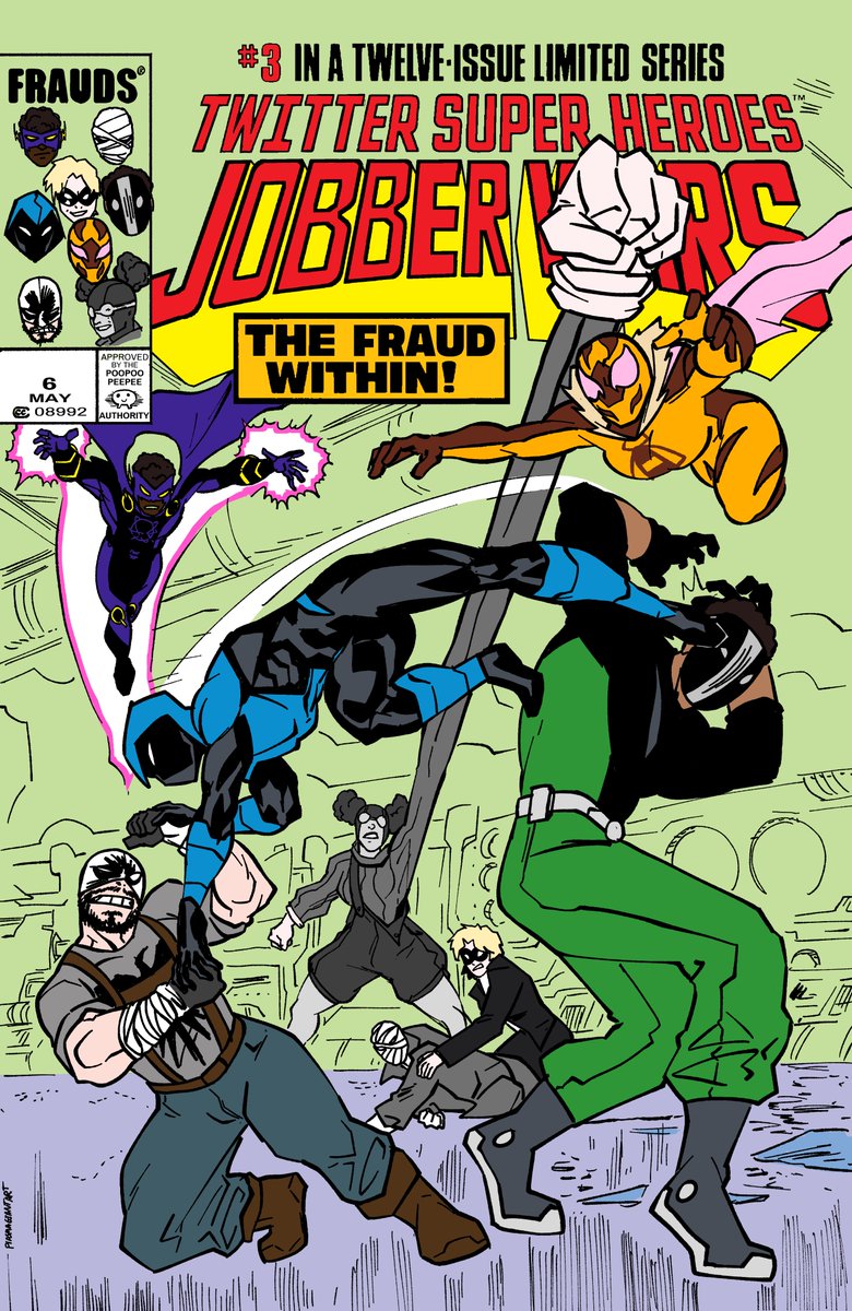 PlasmaGiantArt's tweet photo. Ok finished, the cover of JOBBER WARS #3. Its the first time Voltage and the Frauds crossed over in the comics pretty sure
THE FRAUDS:
Bee-Girl @penelopep4386
Nite-Man @Nitemanprod
Draven @kris
Dead Man Walker @Dkuuro
Rubberhose @_urustar
Quasar @CordayCrimm
Kid @skorloxTV https://t.co/ZKu1sbvJnl