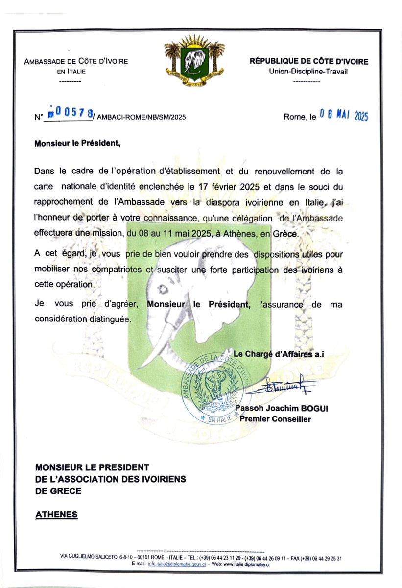Je suis heureux.
Après six années de travail acharné, l’Ambassade de Côte d’Ivoire en Italie se déplacera officiellement  en Grèce du 8 au 11 Mai 2025 pour une mission diplomatique dédiée à la résolution des problèmes administratifs que notre diaspora a toujours rencontrés.