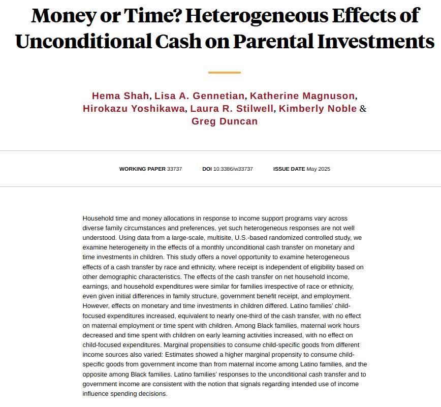 NBER (@nberpubs) on Twitter photo Effects of an unconditional monthly cash transfer on money and time investments in children differed by race and ethnicity, from <a href="/shahh_hema/">Hema Shah</a>, <a href="/Gen_Pov/">Lisa A. Gennetian</a>, <a href="/profkmag/">Katherine Magnuson</a>, @hiroyoshikawaNY, Laura R. Stilwell, @kimberlygnoble, and Greg Duncan nber.org/papers/w33737 Effects of an unconditional monthly cash transfer on money and time investments in children differed by race and ethnicity, from <a href="/shahh_hema/">Hema Shah</a>, <a href="/Gen_Pov/">Lisa A. Gennetian</a>, <a href="/profkmag/">Katherine Magnuson</a>, @hiroyoshikawaNY, Laura R. Stilwell, @kimberlygnoble, and Greg Duncan nber.org/papers/w33737