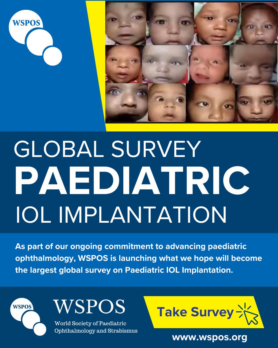 WSPOS's tweet image. 🌍 Help shape the global picture of paediatric IOL implantation! 
WSPOS has launched the largest-ever survey on paediatric IOLs. 
🧠 Your insights will inform research, webinars &amp;amp; global practice.
📝 Take the survey today: wspos.org/iol-survey/
#WSPOS #IOL75 #EyeCare
