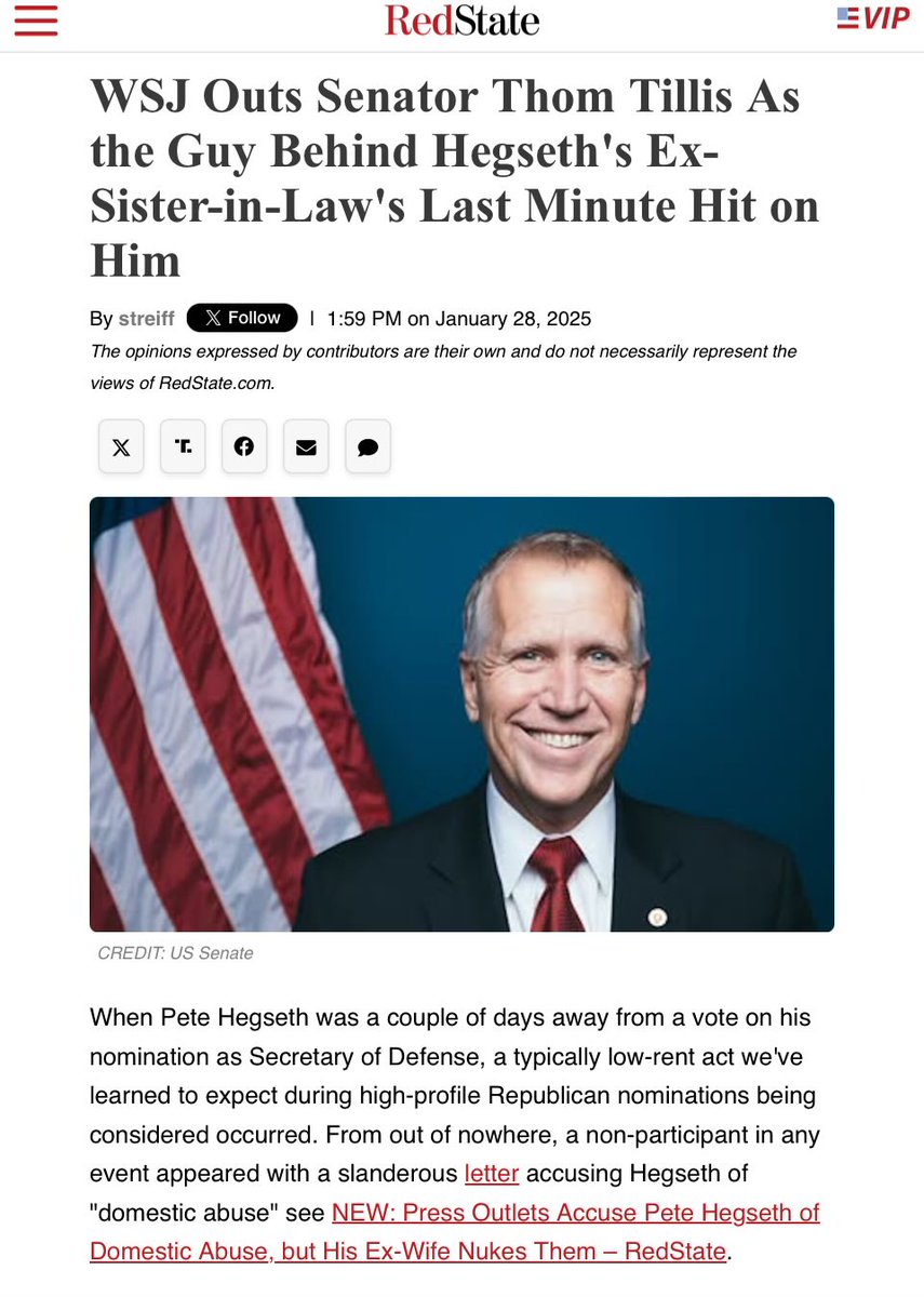 🔥🔥🔥Traitor Tillis! WSJ Outs Senator Thom Tillis As the Guy Behind Hegseth's Ex-Sister-in-Law's Last Minute Hit on Him!

From out of nowhere, a non-participant in any event appeared with a slanderous letter accusing Hegseth of "domestic abuse". 

Thom Tillis was responsible.