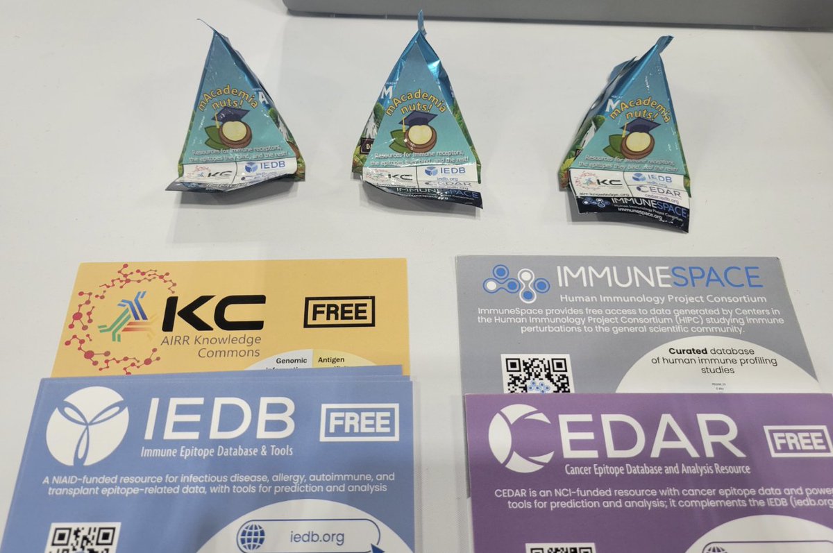 Last booth day at #AAI2025 #IMMUNOLOGY2025! Visit booths #535 &amp; #537 for data, demos, and the final round of #mAcademia 🌰🍫 <a href="/AIRR_Knowledge/">AIRR Knowledge Commons (AKC)</a>  <a href="/iedb_/">Immune Epitope Database</a> <a href="/CEDAR_epitopes/">Cancer Epitope Database & Analysis Resource</a>