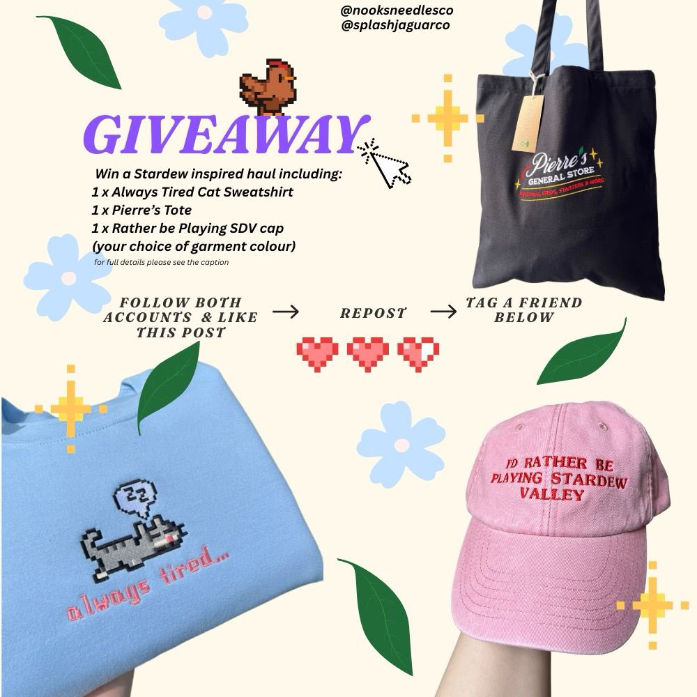 laur ππΈ (@nooksneedlesco) on Twitter photo Win this cute Stardew Valley bundle from myself and <a href="/splashjaguar/">liv πͺ΄π</a> πππΎ
1 x Always Tired Cat Sweatshirt
1 x Pierreβs Tote
1 x Rather be Playing SDV Cap
To enter:
β¨ follow <a href="/nooksneedlesco/">laur ππΈ</a> & <a href="/splashjaguar/">liv πͺ΄π</a>
β¨ like & repost this post
β¨ tag a friend below - max. 5 entries π Win this cute Stardew Valley bundle from myself and <a href="/splashjaguar/">liv πͺ΄π</a> πππΎ
1 x Always Tired Cat Sweatshirt
1 x Pierreβs Tote
1 x Rather be Playing SDV Cap
To enter:
β¨ follow <a href="/nooksneedlesco/">laur ππΈ</a> & <a href="/splashjaguar/">liv πͺ΄π</a>
β¨ like & repost this post
β¨ tag a friend below - max. 5 entries π