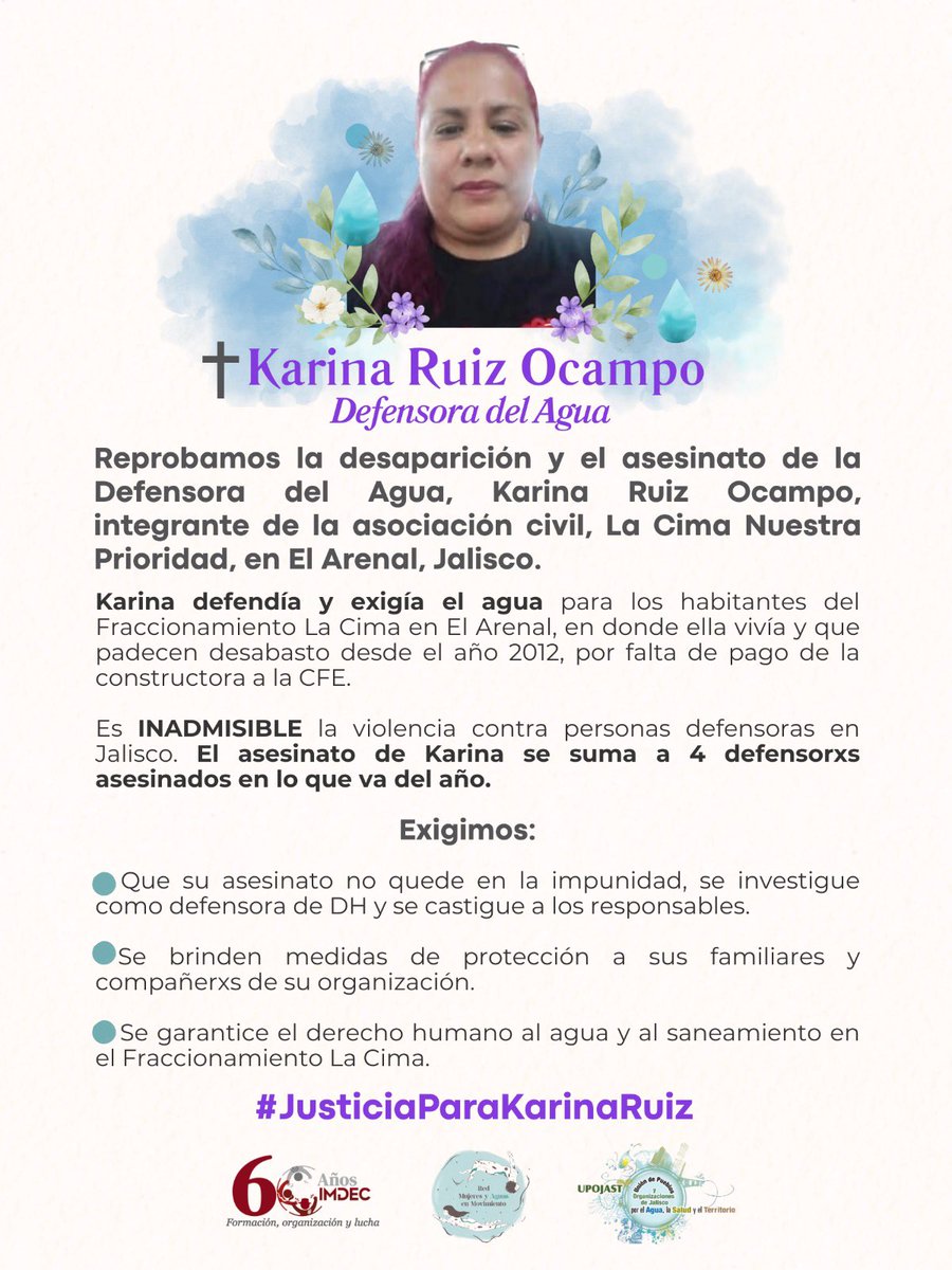 IMDEC AC (@imdecac) on Twitter photo 💙💧🙏🏽 #JusticiaParaKarinaRuiz| Reprobramos el asesinato de la Defensora del #Agua Karina Ruiz Altamirano, integrante de La Cima Nuestra Prioridad, en #ElArenal #Jalisco.
📣 Es urgente fortalecer los mecanismos de protección para las personas defensoras <a href="/PabloLemusN/">Pablo Lemus Navarro</a> <a href="/FiscaliaJal/">Fiscalía del Estado de Jalisco</a> 💙💧🙏🏽 #JusticiaParaKarinaRuiz| Reprobramos el asesinato de la Defensora del #Agua Karina Ruiz Altamirano, integrante de La Cima Nuestra Prioridad, en #ElArenal #Jalisco.
📣 Es urgente fortalecer los mecanismos de protección para las personas defensoras <a href="/PabloLemusN/">Pablo Lemus Navarro</a> <a href="/FiscaliaJal/">Fiscalía del Estado de Jalisco</a>