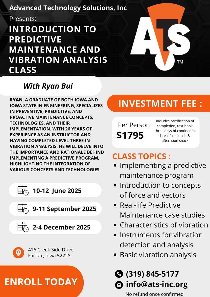 Our next Intro to Predictive Maintenance and Vibration Analysis Class is June 10-12. See our website for more information and to sign up.

ats-inc.org/2025-vibration…

#predictivemaintenance #vibrationanalysis #predictivemaintenanceexperts #PdMTraining #ATSInc