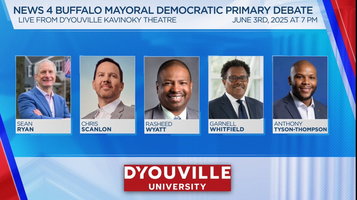 Natasha Yurek (@natashayurek) on Twitter photo #DebateOn4 📺
<a href="/news4buffalo/">News 4 Buffalo</a> is your Local Election Headquarters.
On June 3 at 7pm, we're hosting a debate live from the historic D'Youville Kavinoky Theater, with all five candidates on the ballot for the Buffalo Mayoral Democratic Primary. #DebateOn4 📺
<a href="/news4buffalo/">News 4 Buffalo</a> is your Local Election Headquarters.
On June 3 at 7pm, we're hosting a debate live from the historic D'Youville Kavinoky Theater, with all five candidates on the ballot for the Buffalo Mayoral Democratic Primary.
