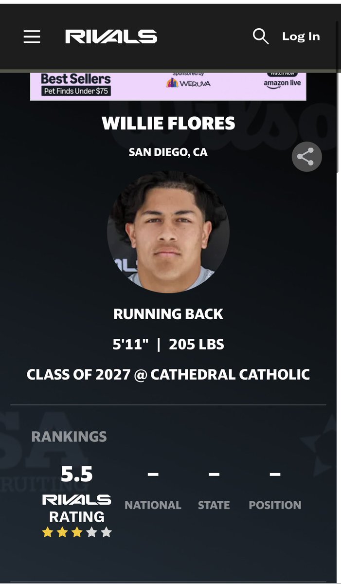 Willie Flores || C/O 2027 (@willieflores05) on Twitter photo Blessed to ranked a 3 star <a href="/Rivals/">Rivals</a> ! Not satisfied. A lot more work to do. <a href="/adamgorney/">Adam Gorney</a> <a href="/GregBiggins/">Greg Biggins</a> <a href="/ChadSimmons_/">ChadSimmons</a> <a href="/BlairAngulo/">Blair Angulo</a> <a href="/TheUCReport/">Billy Tucker</a> <a href="/PrepRedzoneCA/">Prep Redzone California</a> <a href="/Daygofootball/">San Diego Football</a> <a href="/MittenChad/">Chad Mitten</a> Blessed to ranked a 3 star <a href="/Rivals/">Rivals</a> ! Not satisfied. A lot more work to do. <a href="/adamgorney/">Adam Gorney</a> <a href="/GregBiggins/">Greg Biggins</a> <a href="/ChadSimmons_/">ChadSimmons</a> <a href="/BlairAngulo/">Blair Angulo</a> <a href="/TheUCReport/">Billy Tucker</a> <a href="/PrepRedzoneCA/">Prep Redzone California</a> <a href="/Daygofootball/">San Diego Football</a> <a href="/MittenChad/">Chad Mitten</a>