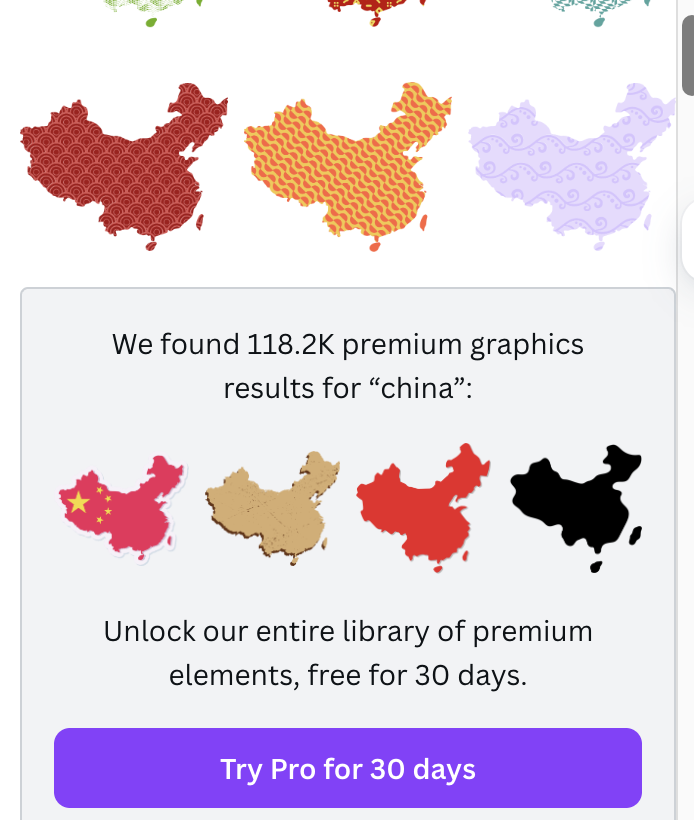I'm not a firebrand about the issue but just noticed that on Canva there are over 118K FREE image assets for China with Hong Kong and Taiwan highlighted as part of it.

Every other country only has about 12 free assets on Canva.

These guys think of everything