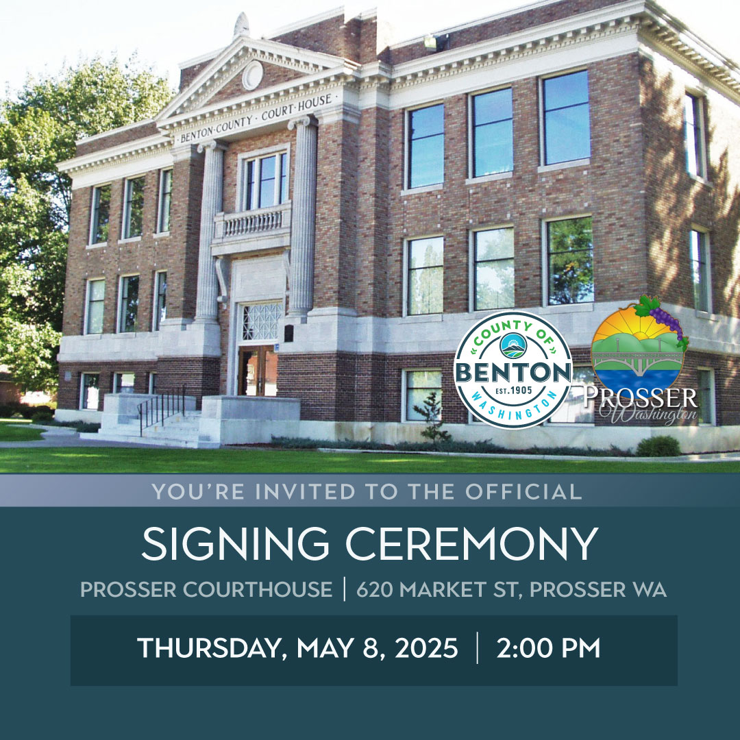 Benton County invites the community as we commemorate the significant milestone with the official signing ceremony welcoming the City of Prosser Government to the Prosser Courthouse. 
Join us on the front steps of the historical Courthouse as we celebrate!
 May 8 at 2:00 p.m.