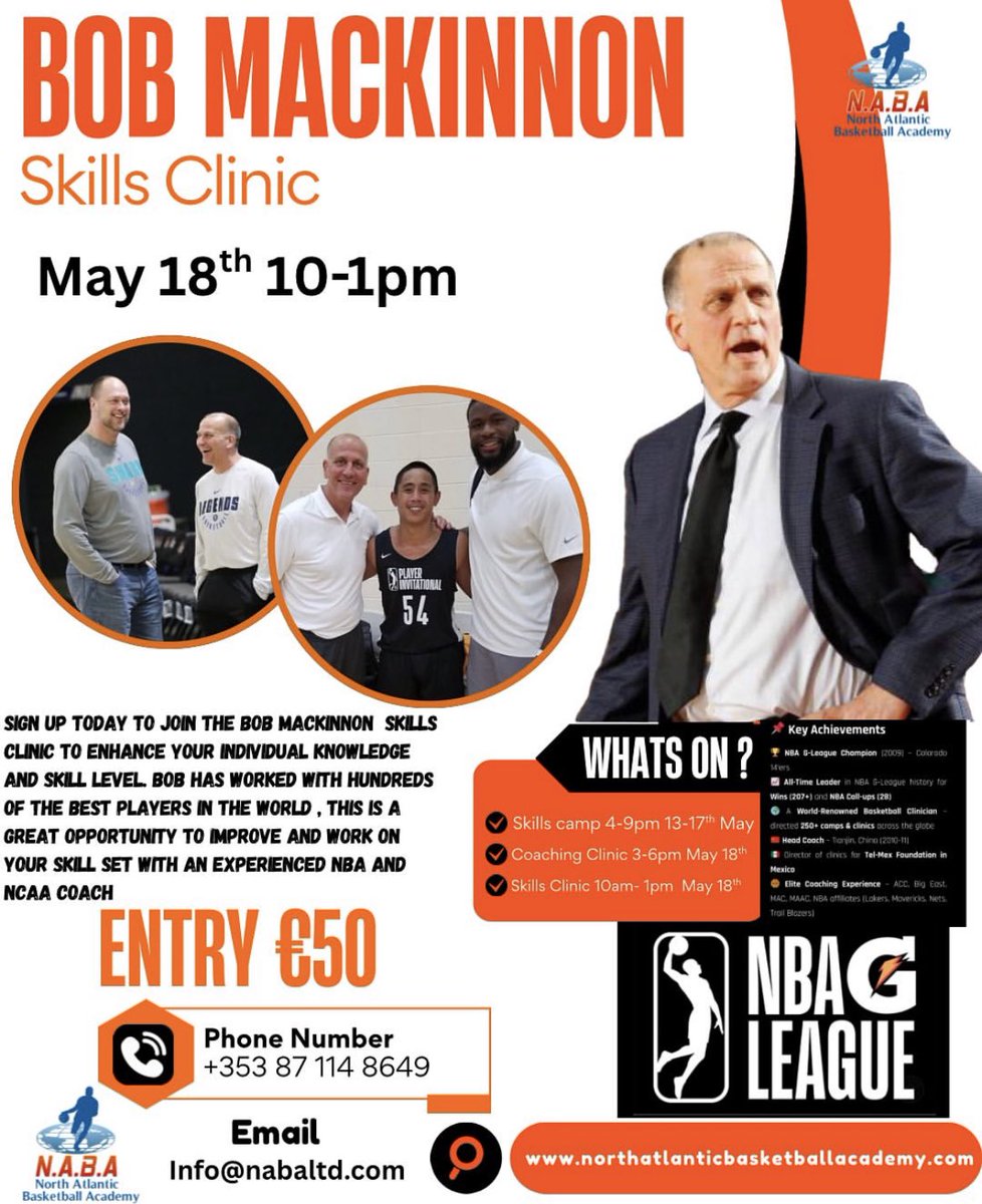 Bob Mackinnon will be traveling to Dublin this month to run a camp , coaching clinic and skills camp 

Sign up here to get registered 

form.jotform.com/243512548651356

Don’t miss out on this great opportunity to work with one of the greats 🏀🇺🇸🇮🇪