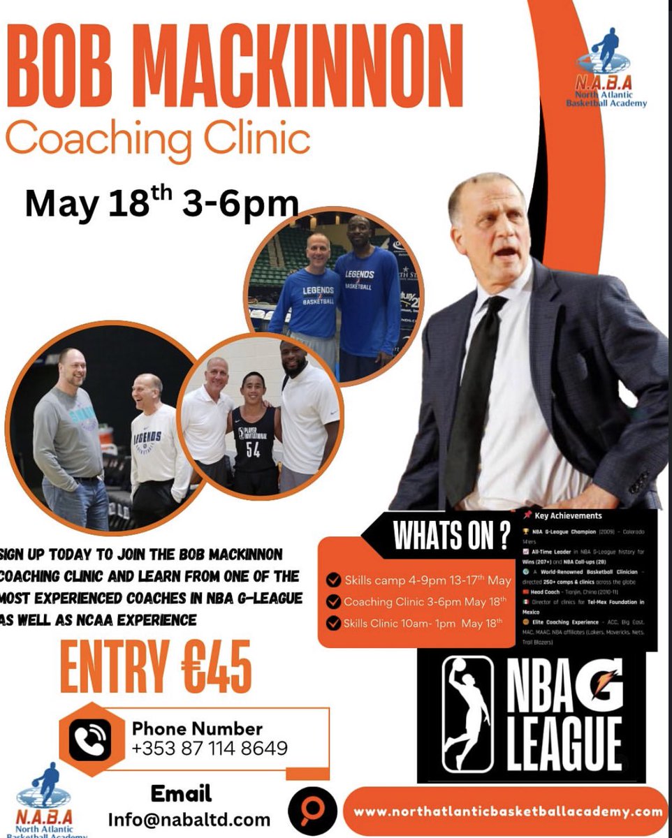 NABAIreland's tweet photo. Bob Mackinnon will be traveling to Dublin this month to run a camp , coaching clinic and skills camp 

Sign up here to get registered 

https://t.co/czCnOMzXtd

Don’t miss out on this great opportunity to work with one of the greats 🏀🇺🇸🇮🇪 https://t.co/W3FRA1tKKM