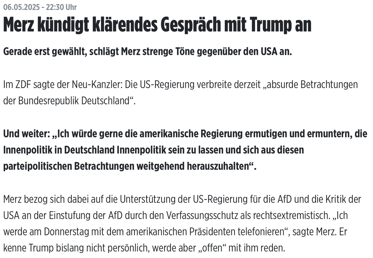 Hochmut kommt vor dem Fall.

Lasst Euch von mir sagen, <a href="/_FriedrichMerz/">Friedrich Merz</a>  wird wie ein kleiner Schuljunge vorm mächtigsten Mann der Welt sitzen, der ihn zurechtstutzen wird und daran erinnern wird,  Deutschland zurück zur Demokratie zu bringen, denn es ist keine mehr.

Die USA ist