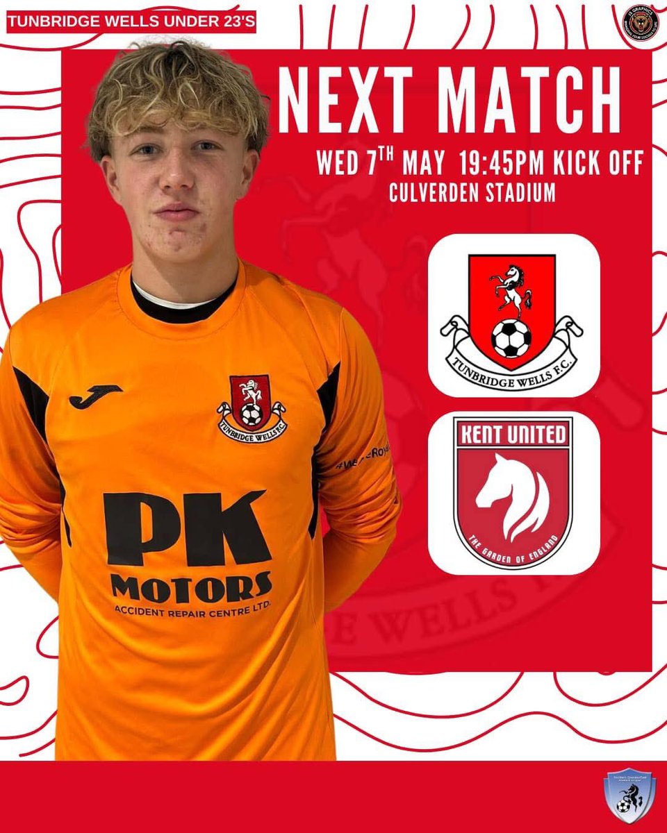 Tunbridge Wells FC (@tun_wells_fc) on Twitter photo Tomorrow evening our Under 23’s take on <a href="/kentunitedfc/">Kent United</a> U23s in the <a href="/SCEFLeague/">Presence & Co. SCEFL League</a> Development League
Come and support the lads at the Culverden Stadium
📅 Wednesday 7th May
🕒 KO 7:45pm
🏆 SCEFL West Development
🏟️ Culverden Stadium
📍 TN4 9SG
🍺 Bar
🎟️ £5
🔴🔵 Tomorrow evening our Under 23’s take on <a href="/kentunitedfc/">Kent United</a> U23s in the <a href="/SCEFLeague/">Presence & Co. SCEFL League</a> Development League
Come and support the lads at the Culverden Stadium
📅 Wednesday 7th May
🕒 KO 7:45pm
🏆 SCEFL West Development
🏟️ Culverden Stadium
📍 TN4 9SG
🍺 Bar
🎟️ £5
🔴🔵