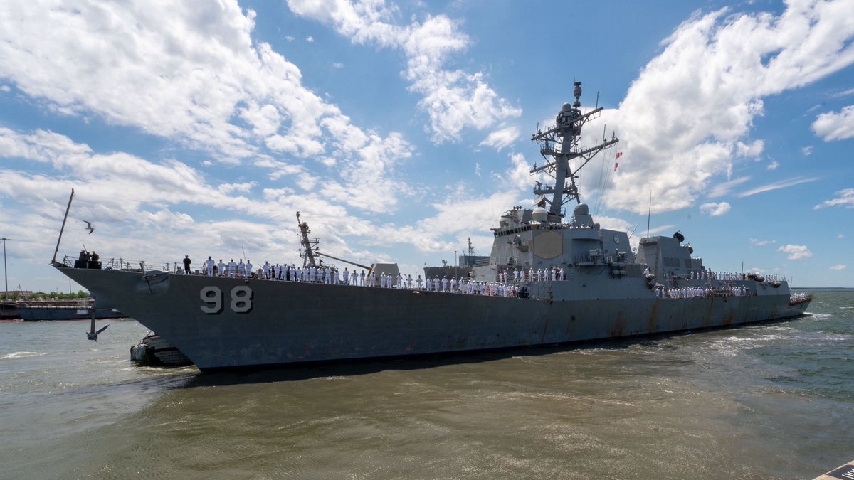 US2ndFleet's tweet image. USS Forrest Sherman (DDG 98) departed Naval Station Norfolk for a scheduled deployment on May 6, 2025.

This deployment to U.S. 5th fleet will underscore the U.S. Navy&apos;s commitment to maritime security and stability in the region.

#deployment #Ready2Fight #DDG98
