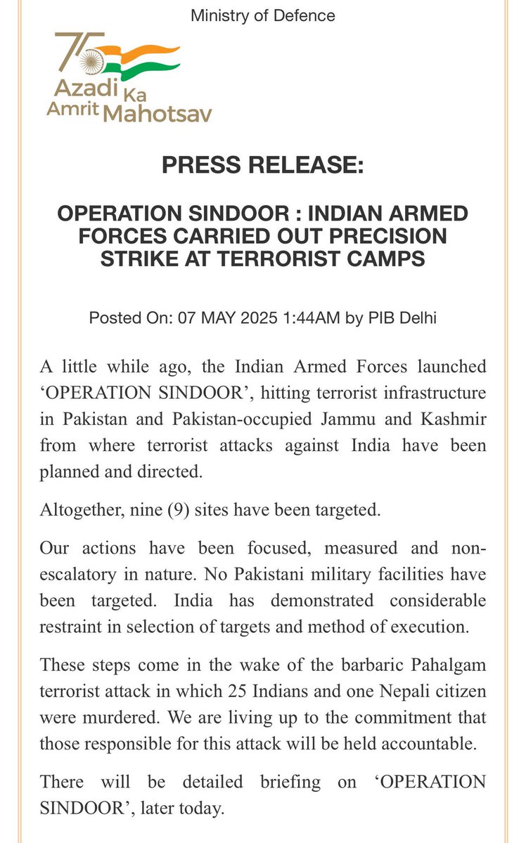 RoyGrinwis's tweet photo. #India bevestigt luchtaanvallen op 9 doelen in #Pakistan en Pakistaans-bezet #Kasjmir onder Operation Sindoor. Volgens #Delhi waren de doelen terreurinfrastructuur gelinkt aan de moord op 26 burgers. Geen Pakistaanse militaire installaties geraakt. #Islamabad dreigt met vergelding.