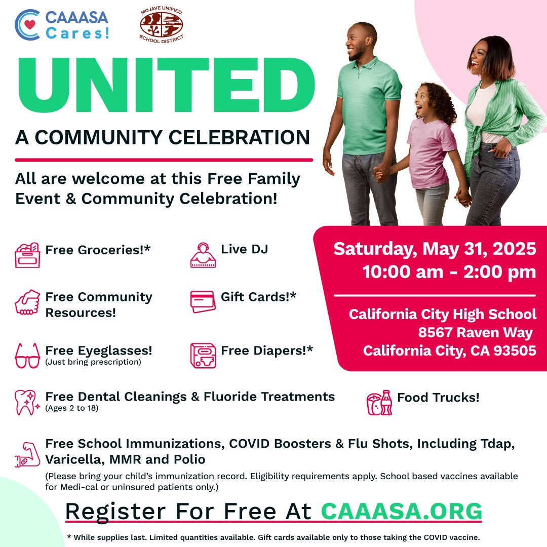 theCAAASA's tweet image. 🎉 FREE Family &amp;amp; Community Event! 📅 Sat, May 31 | 🕙 10AM–2PM 📍 California City High School
✅ Groceries, Eyeglasses, Diapers ✅ Dental cleanings, Vaccines &amp;amp; more 🎁 Gift cards*, 🎶 Live DJ, 🍴 Food trucks!
🎯 Register now: CAAASA.ORG #CAAASACares