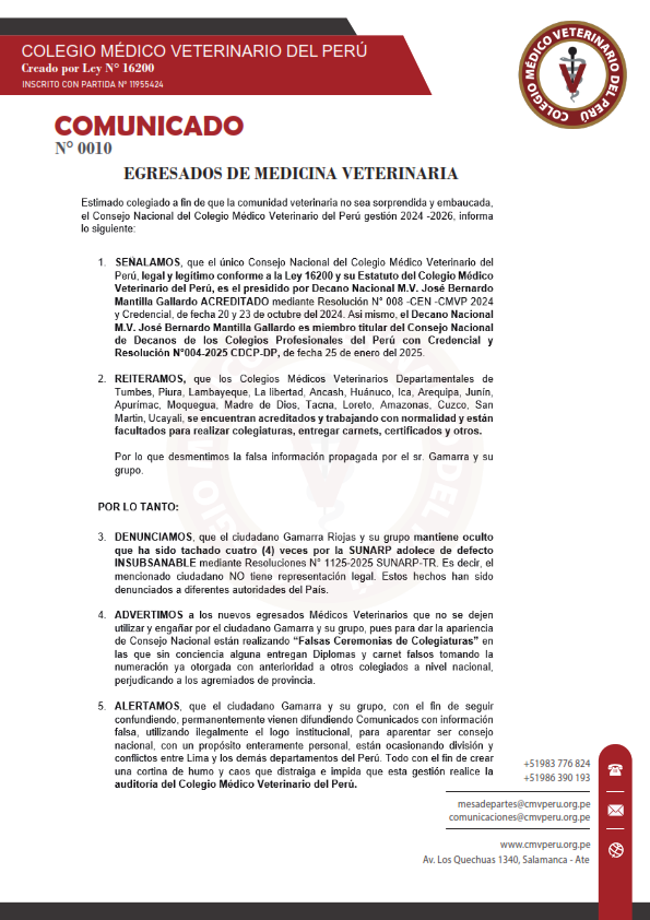 CMVP_OFICIAL's tweet photo. COMUNICADO N° 0010 CMVP
Egresados de Medicina Veterinaria
@CayetanoHeredia @UNMSM_ @ucientificadelsu
#colegiomedicoveterinariodelperu https://t.co/7uIYP2dZTD