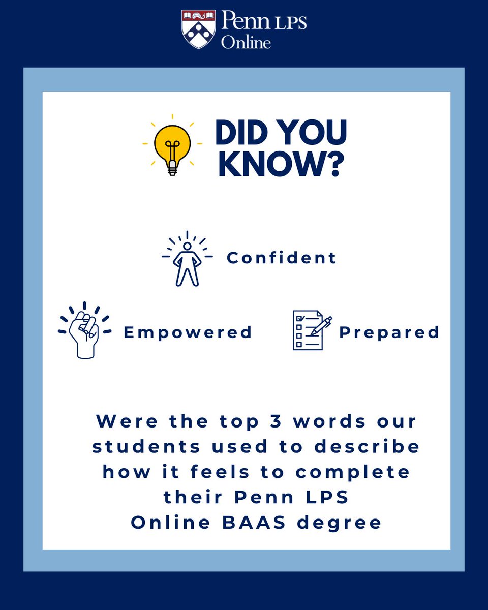 PennLPSOnline's tweet image. Did you know? 
The top 3 words students use to describe completing their Penn LPS Online BAAS degree are: Proud. Accomplished. Empowered. 
Learn more about our program here: bit.ly/4dwhSw0
#AdultLearners
#AsynchronousLearning
#CareerChange
#CareerGrowth