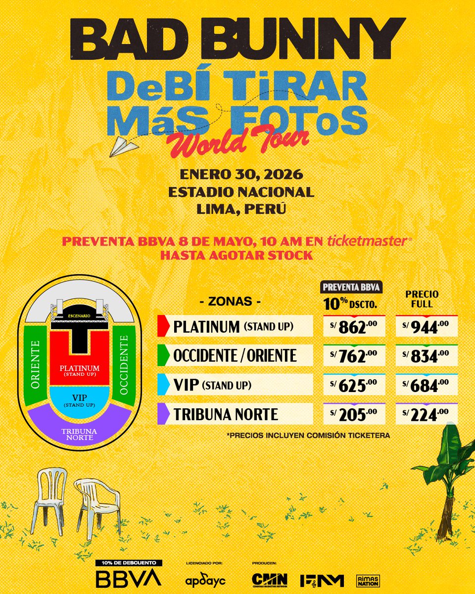 Bad Bunny 🐰 regresa a Lima con su tour DeBí TiRaR MáS FOToS🥳🔥

Aquí están las zonas y precios del DTMF en Lima para que vayan alistándose para este conciertazo! ❤️‍🔥

👉🏼Inicio de Pre venta exclusiva BBVA: Jueves 8 de Mayo a las 10am por @ticketmaster.pe con tarjetas <a href="/bbva/">BBVA</a> 😏

🗓️