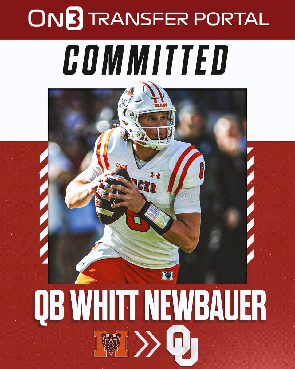 Mercer quarterback Whitt Newbauer is expected to transfer to Oklahoma, a source tells <a href="/On3sports/">On3</a>. 

He threw for 1,398 yards with 12 touchdowns in 2024 as a true freshman. 

on3.com/news/mercer-qb…