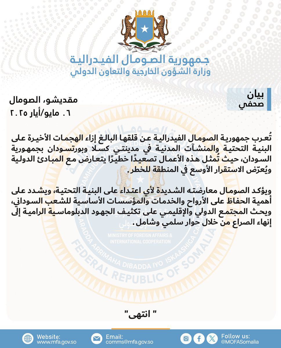 بيان الخارجية الصومالية هو تحت المستوى والسقف المطلوب. أهالونا في السودان بقيادة الجيش السوداني قادرون على حسم المعركة وردع العدوان المدعوم خارجياً. مع الشعب السوداني وتضحياته حتى يفشل المخطط الجبان الذي يستهدف حاضره ومستقبله، ولا حوار مع المجرمين. 
#السودان 
#الجيش_السوداني