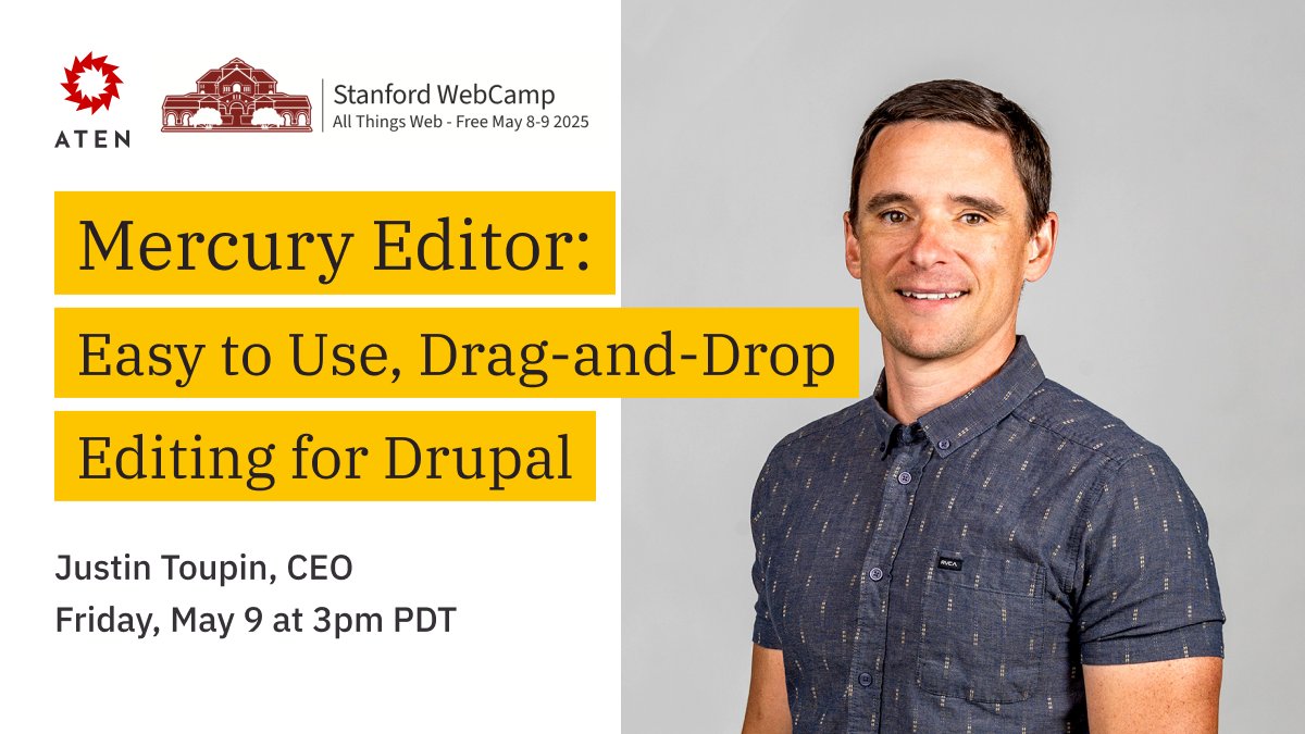 Aten Design Group (@atendesign) on Twitter photo Are you attending the free, hybrid <a href="/stanford/">Stanford University</a> WebCamp this week? Don't miss Aten's CEO, Justin's demo and update of Mercury Editor, our drag-and-drop #Drupal publishing module on 5/9 at 3pm PDT.
Check out the full agenda for the camp here: hubs.li/Q03kyBRg0 Are you attending the free, hybrid <a href="/stanford/">Stanford University</a> WebCamp this week? Don't miss Aten's CEO, Justin's demo and update of Mercury Editor, our drag-and-drop #Drupal publishing module on 5/9 at 3pm PDT.
Check out the full agenda for the camp here: hubs.li/Q03kyBRg0