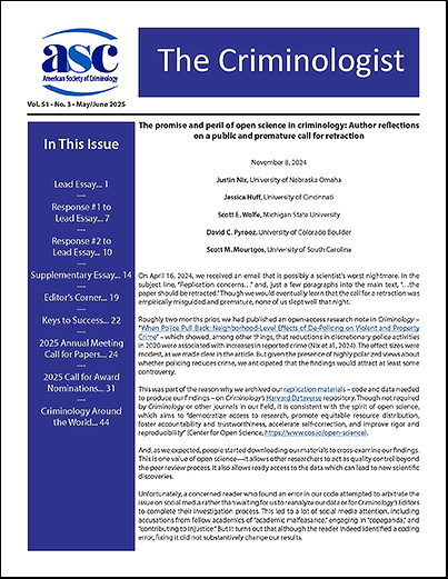 ASCRM41's tweet image. The current issue of The Criminologist has been published and is available for you to view online.
Please use this link to access issues of The Criminologist - asc41.org/publications/t…