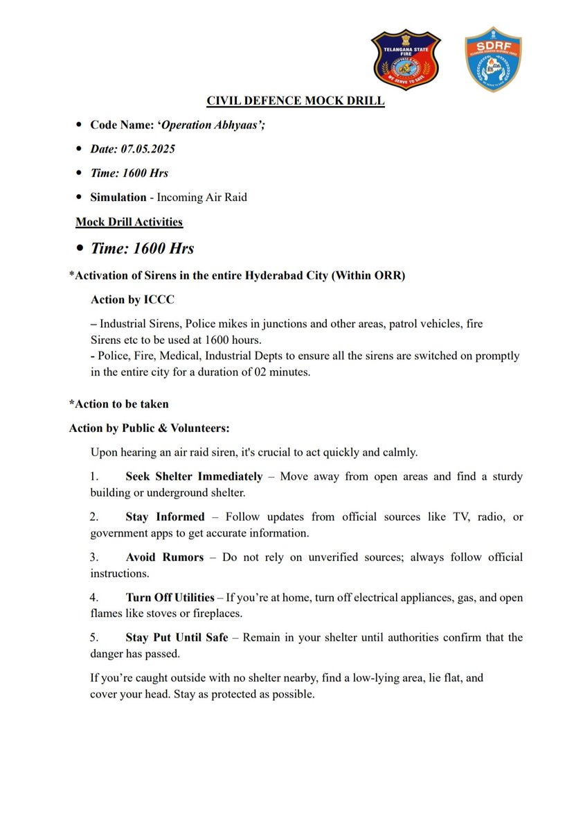 Mock Drill in #Hyderabad at 4pm tomorrow

#OperationAbhyaas

Sirens will be activated at 4 pm

Areas identified - Secunderabad &amp; Golkonda Cantonment, Kanchanbagh, Nacharam