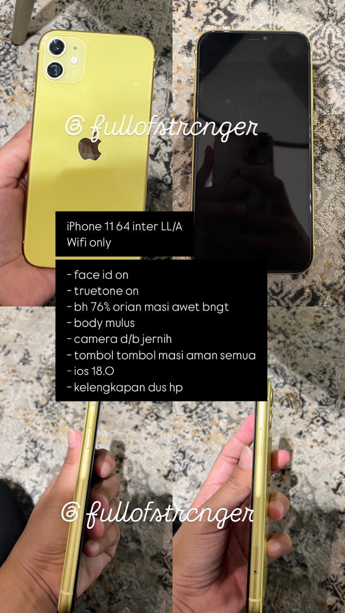 fullofstrcnger's tweet photo. WTS IPHONE 11 64 YELLOW 
ex inter wifi only

All aman, bh 76% masi awet bngt
Kelengkapan dus hp
3,5jt nepis

Lok blok m jaksel, gambarnya pecah yg sebelumnya 😭 https://t.co/XSzTLSHtjL